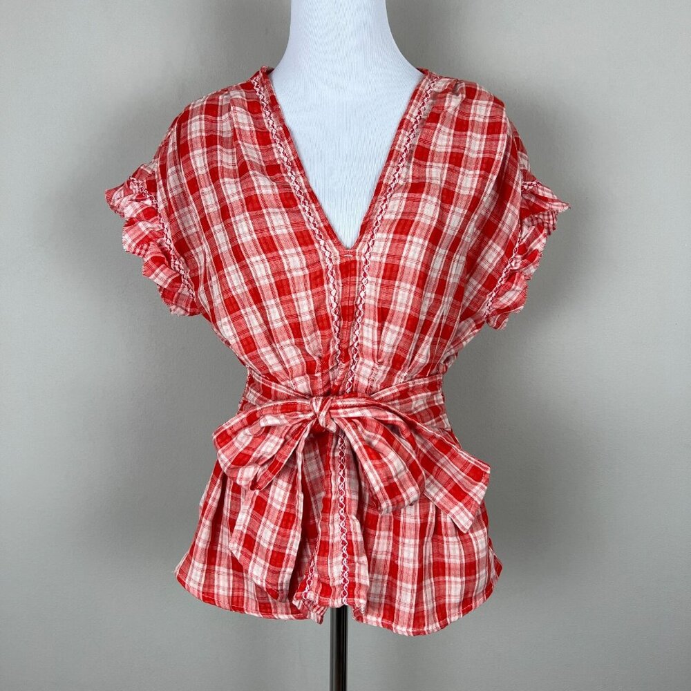 Max Studio Blouse Top Women Medium Red Plaid Ruffle Short Sleeve Smocked Tie New